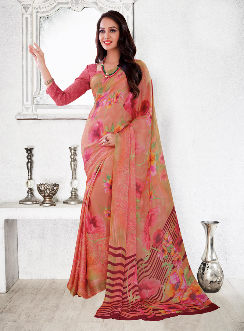 Peach Silk Printed Saree With Blouse 84952