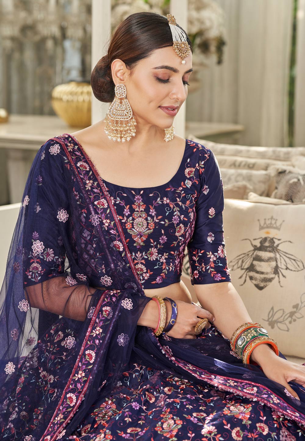 Buy Blue Lehenga And Dupatta Satin Organza Embroidered Mirror Bridal Set  For Women by Vvani by Vani Vats Online at Aza Fashions.