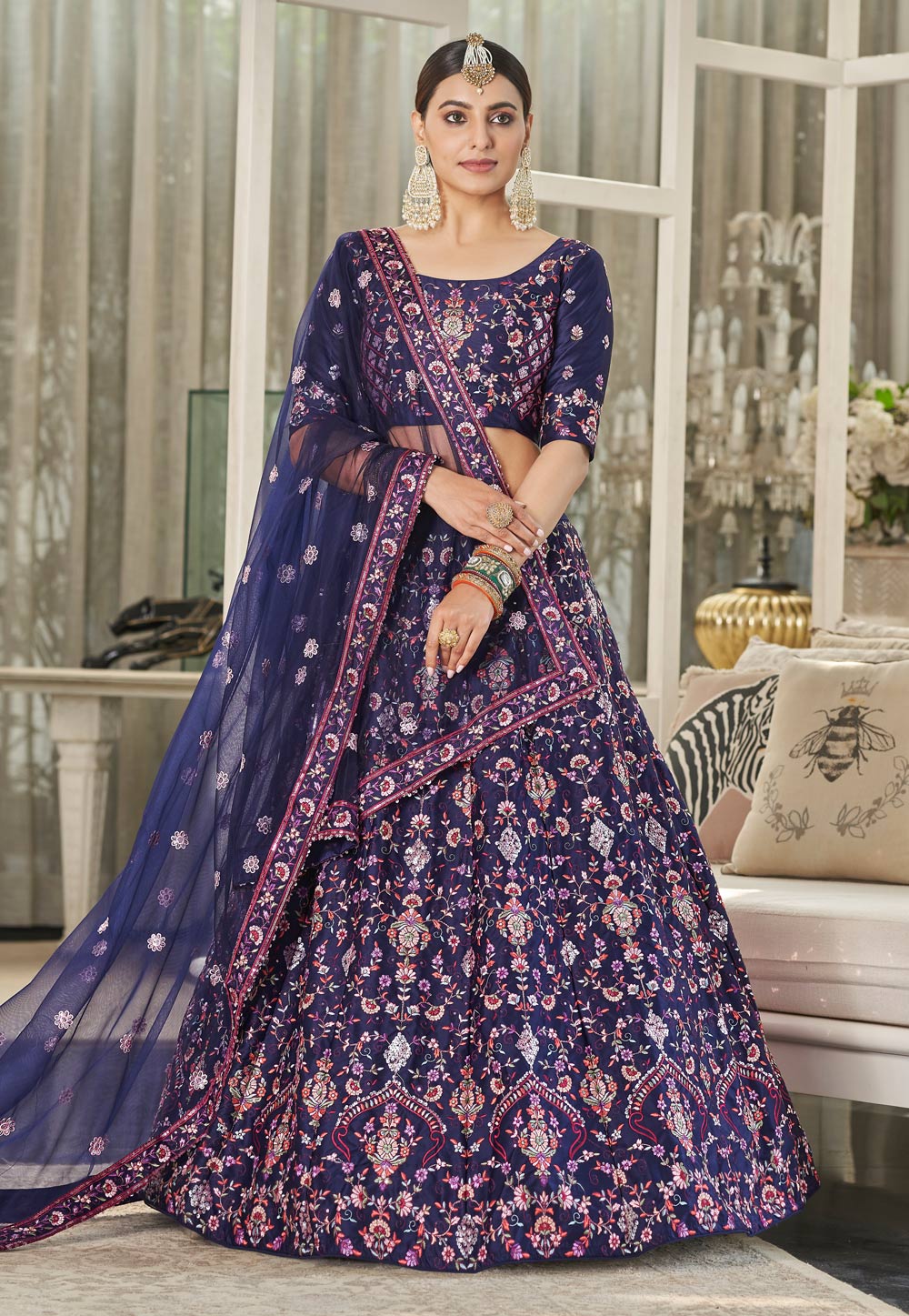 Buy Navy Blue Applique Embroidery Silk Wedding Lehenga Choli From Ethnic  Plus