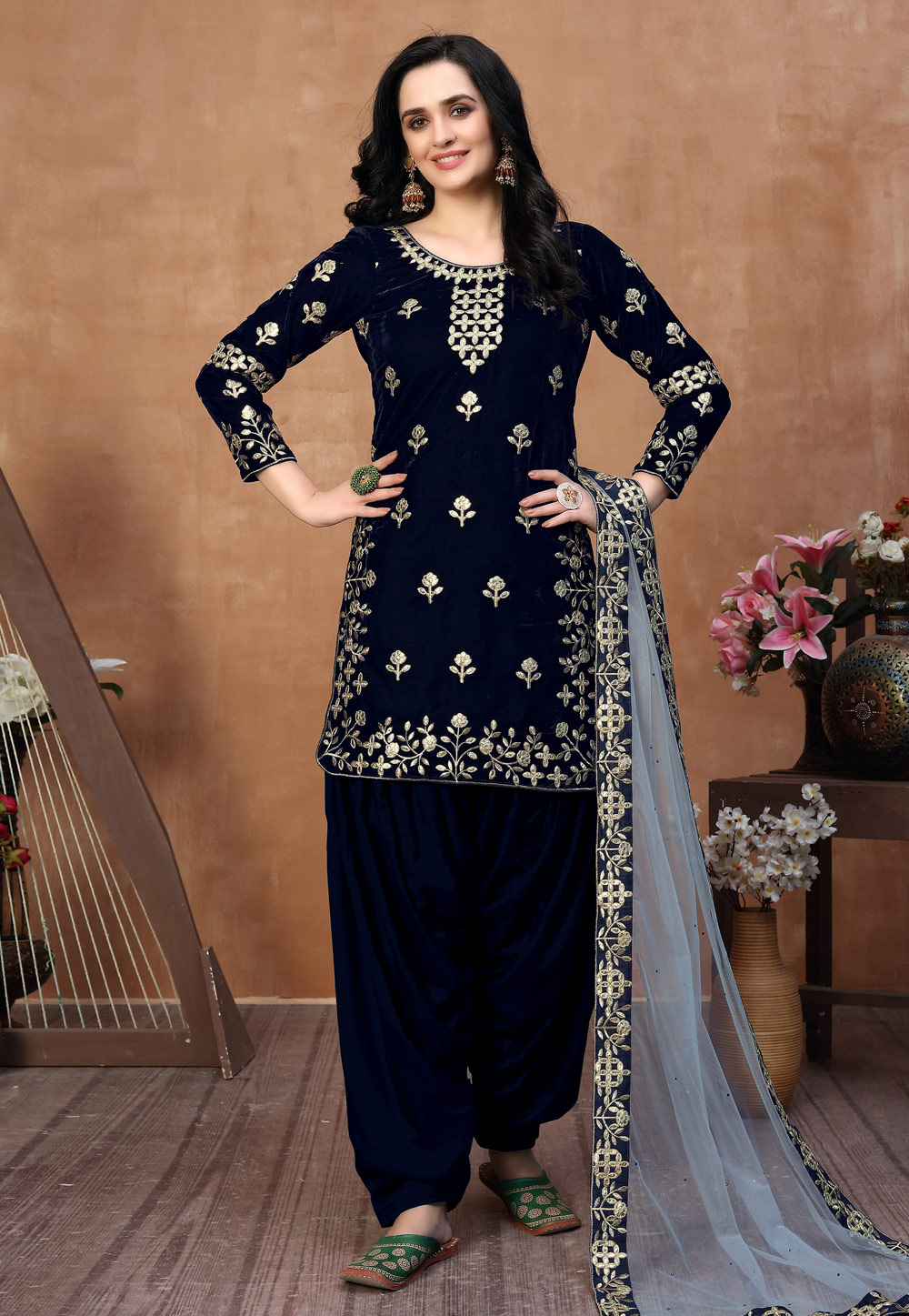 Navy Blue Velvet Punjabi Suit 217044