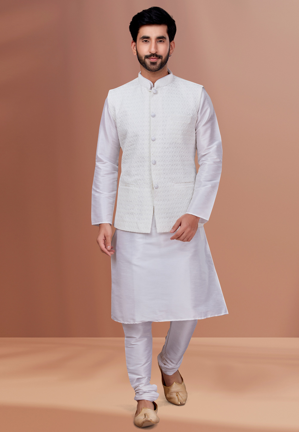 White Banarasi Kurta Pajama With Jacket 256875
