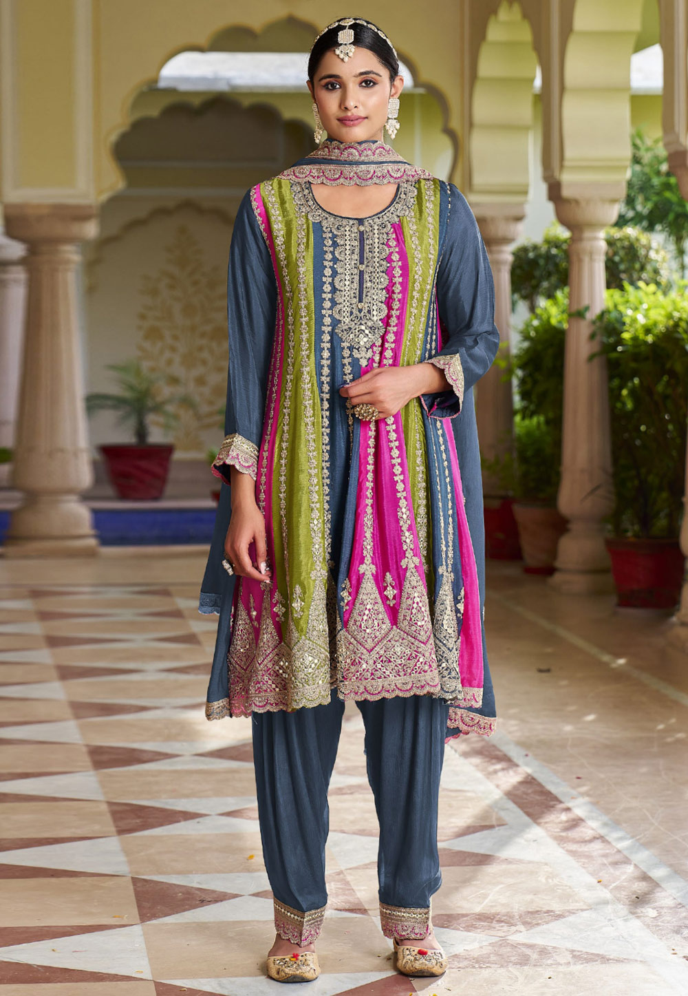 Navy Blue Chinon Readymade Punjabi Suit 272041