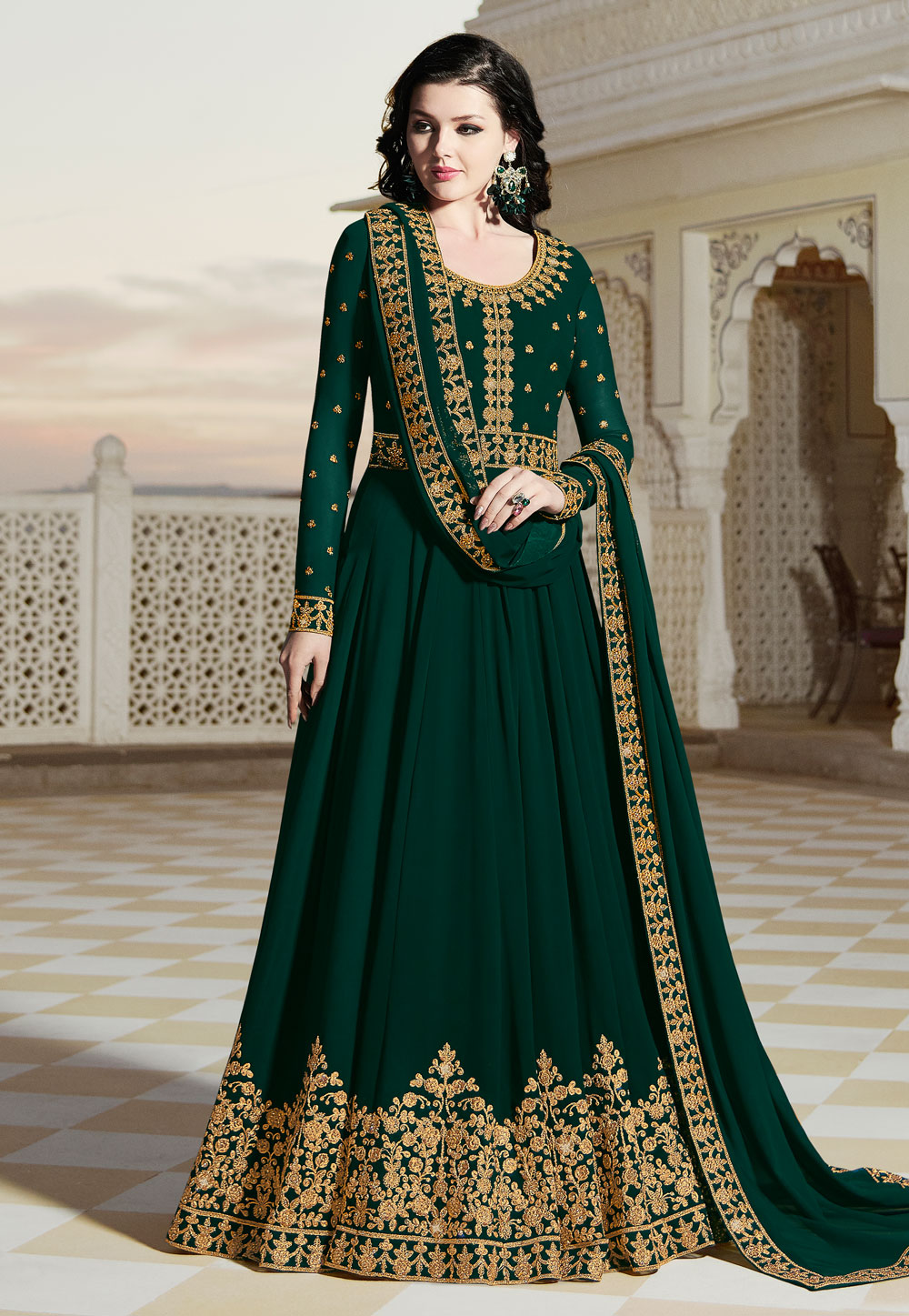 Green Georgette Abaya Style Anarkali Suit 163641