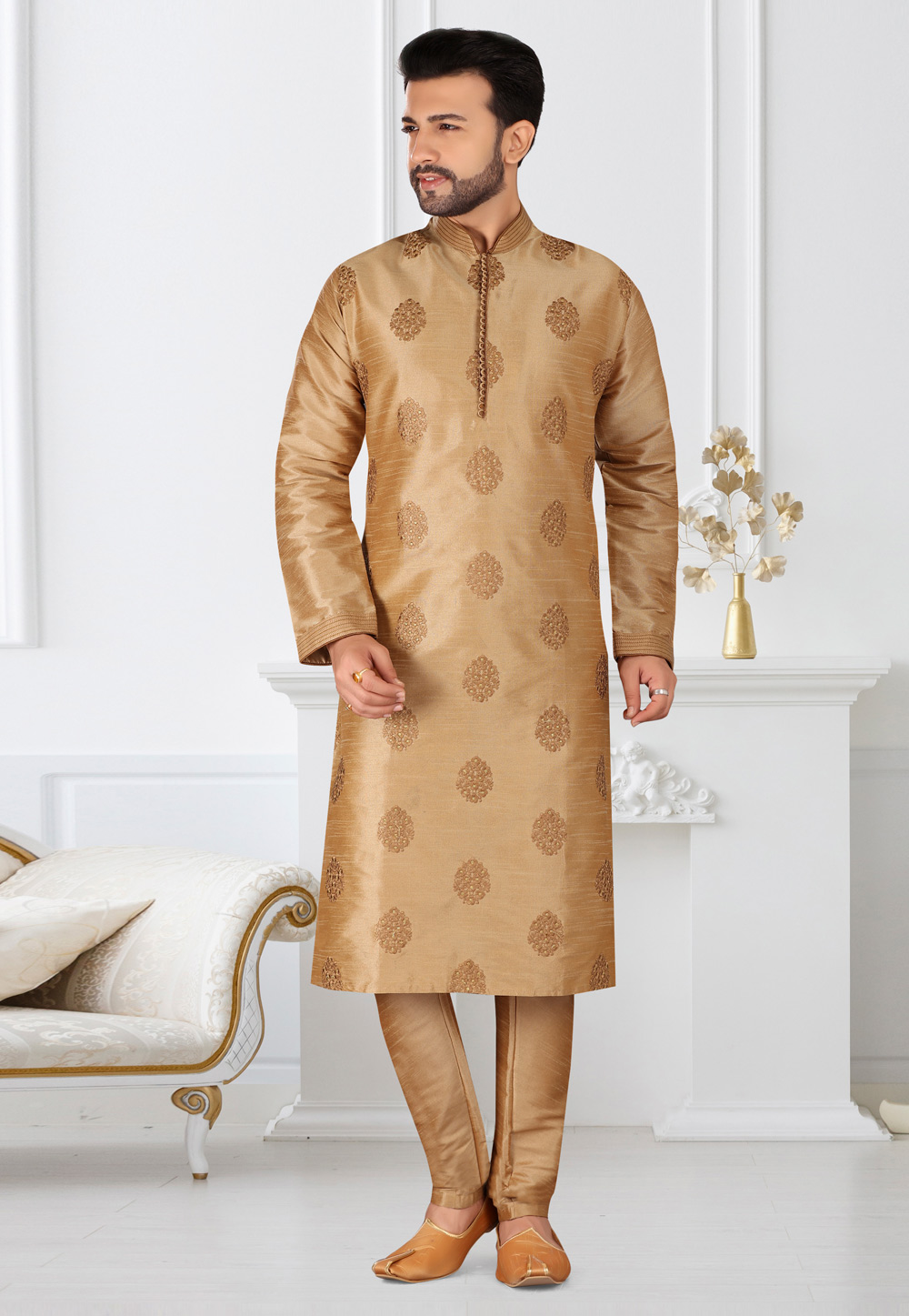 Beige Banarasi Silk Kurta Pajama 233584