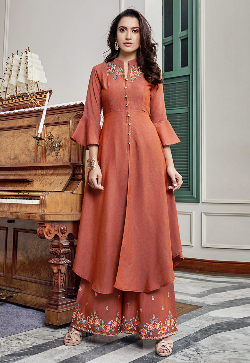 Rust Cotton Readymade Kameez With Palazzo 195584