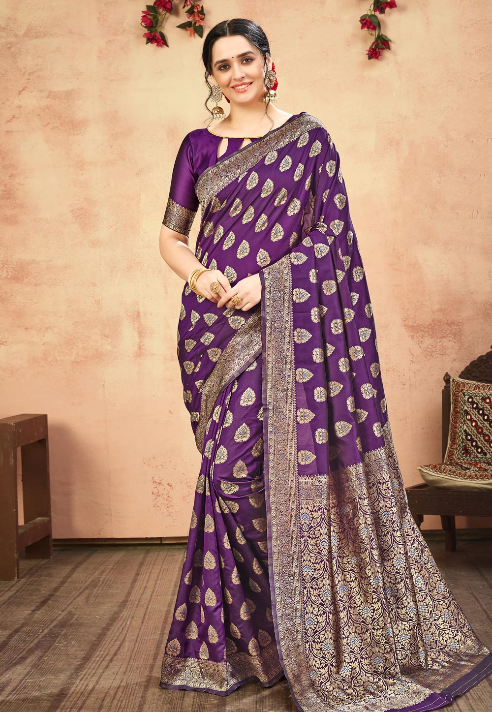 Violet Banarasi Silk Festival Wear Saree 219301