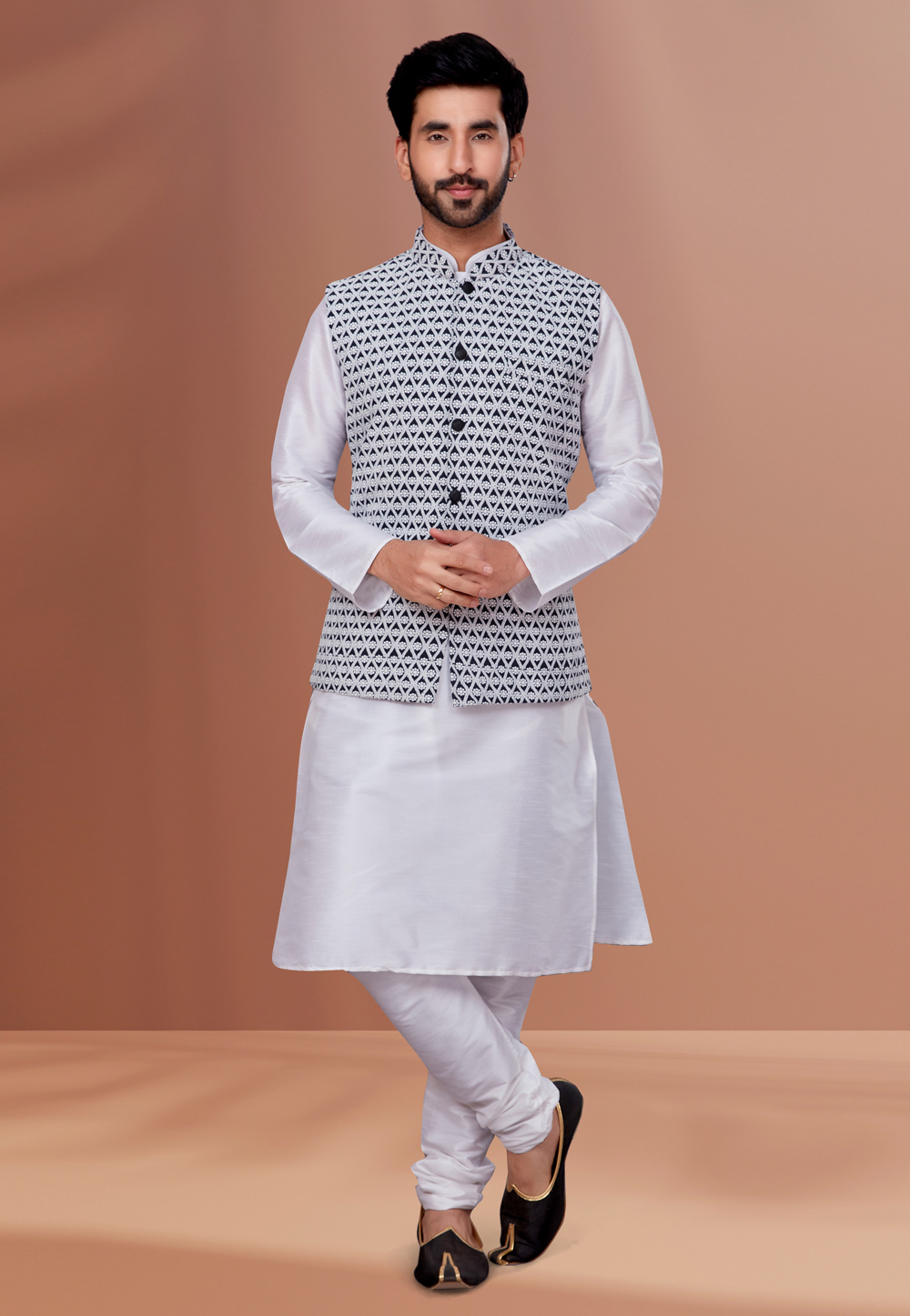 White Banarasi Kurta Pajama With Jacket 256876