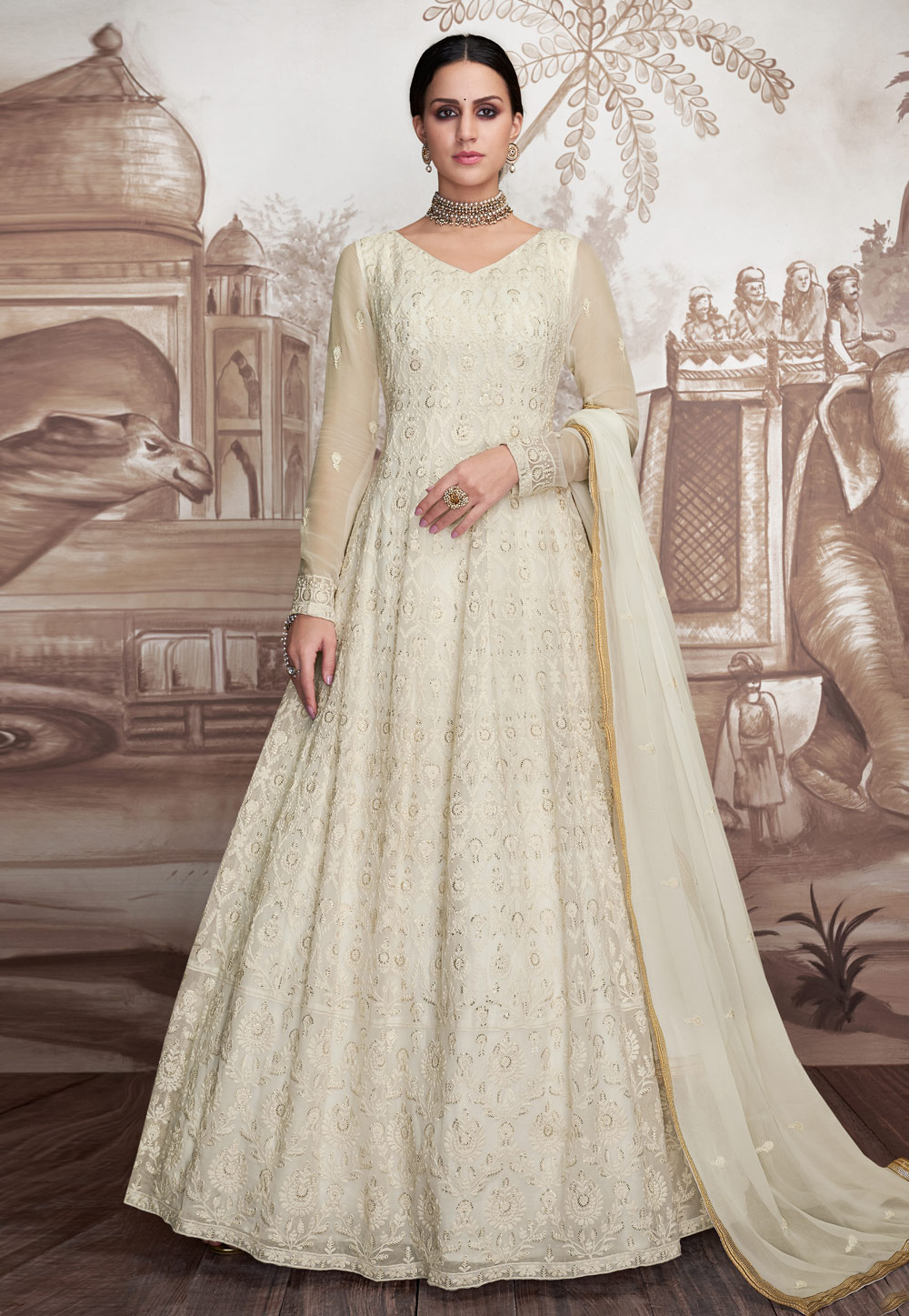 Off White Net Embroidered Long Anarkali Suit 201048