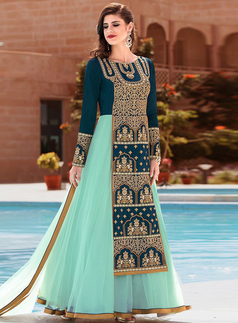 Teal Banglori Silk Readymade Designer Anarkali Suit 100905
