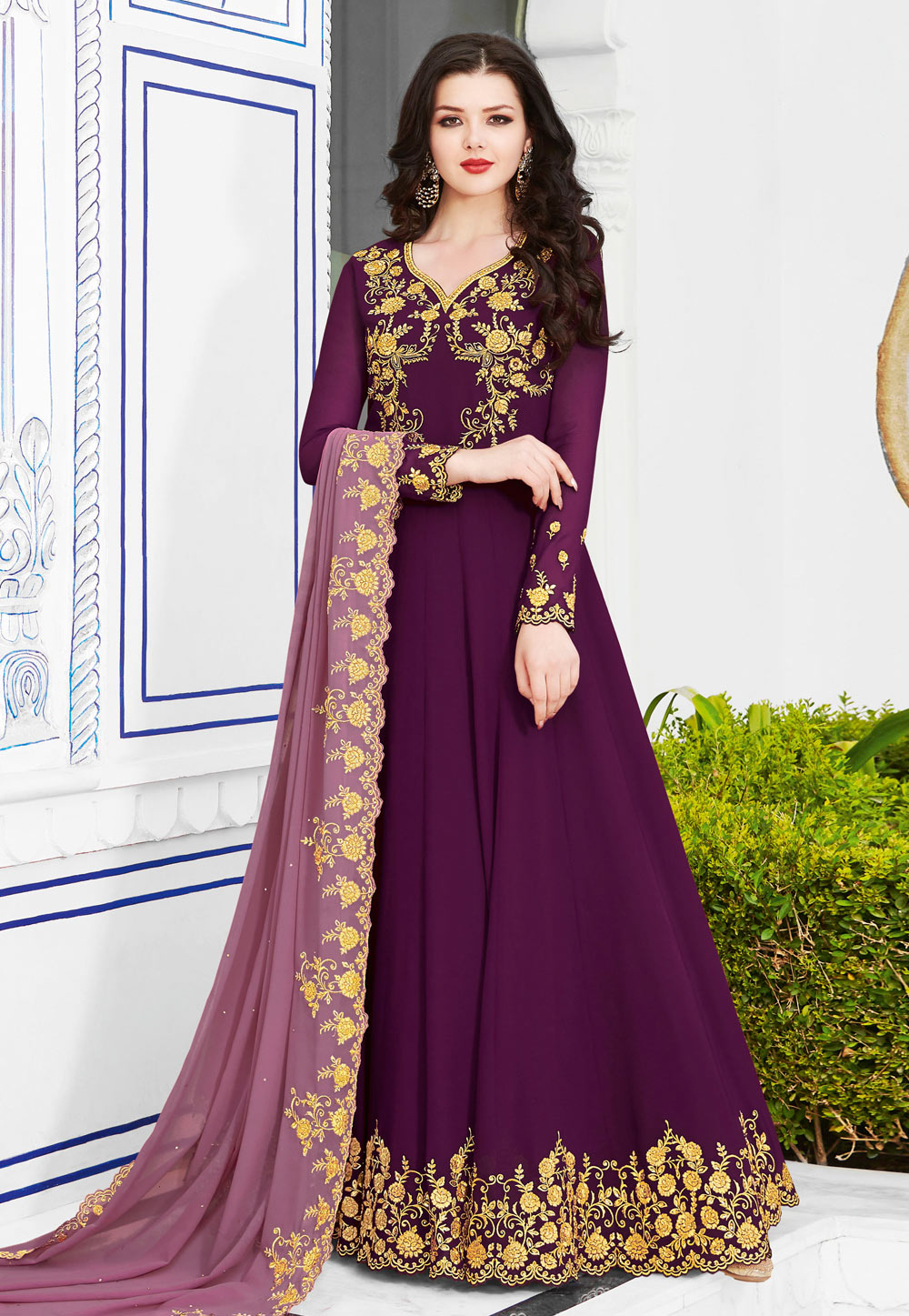 Purple Georgette Embroidered Abaya Style Anarkali Suit 180470