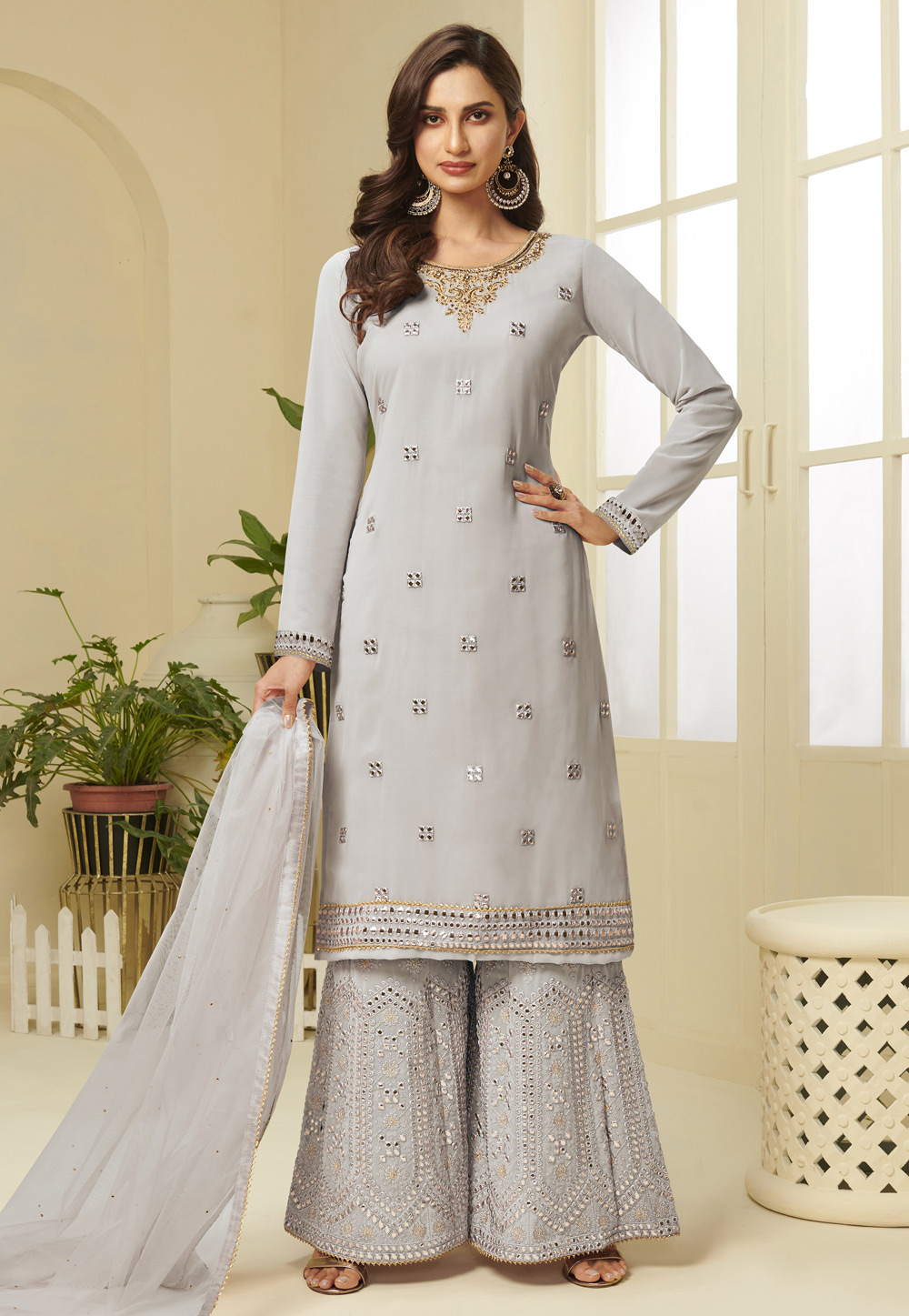 Grey Georgette Palazzo Suit 222148