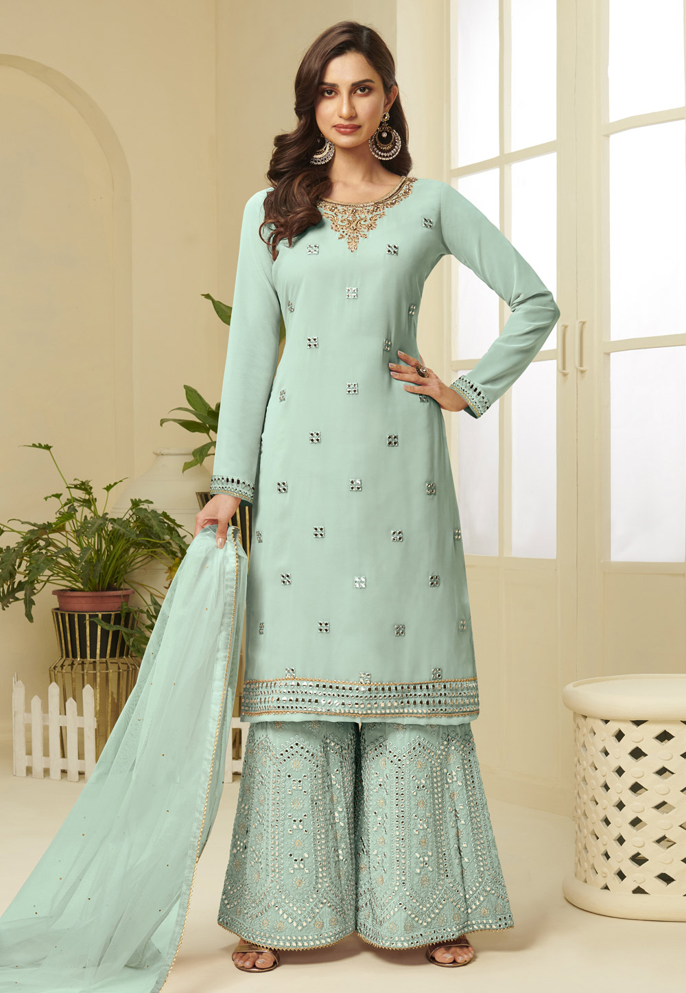 Sea Green Georgette Kameez With Palazzo 222151