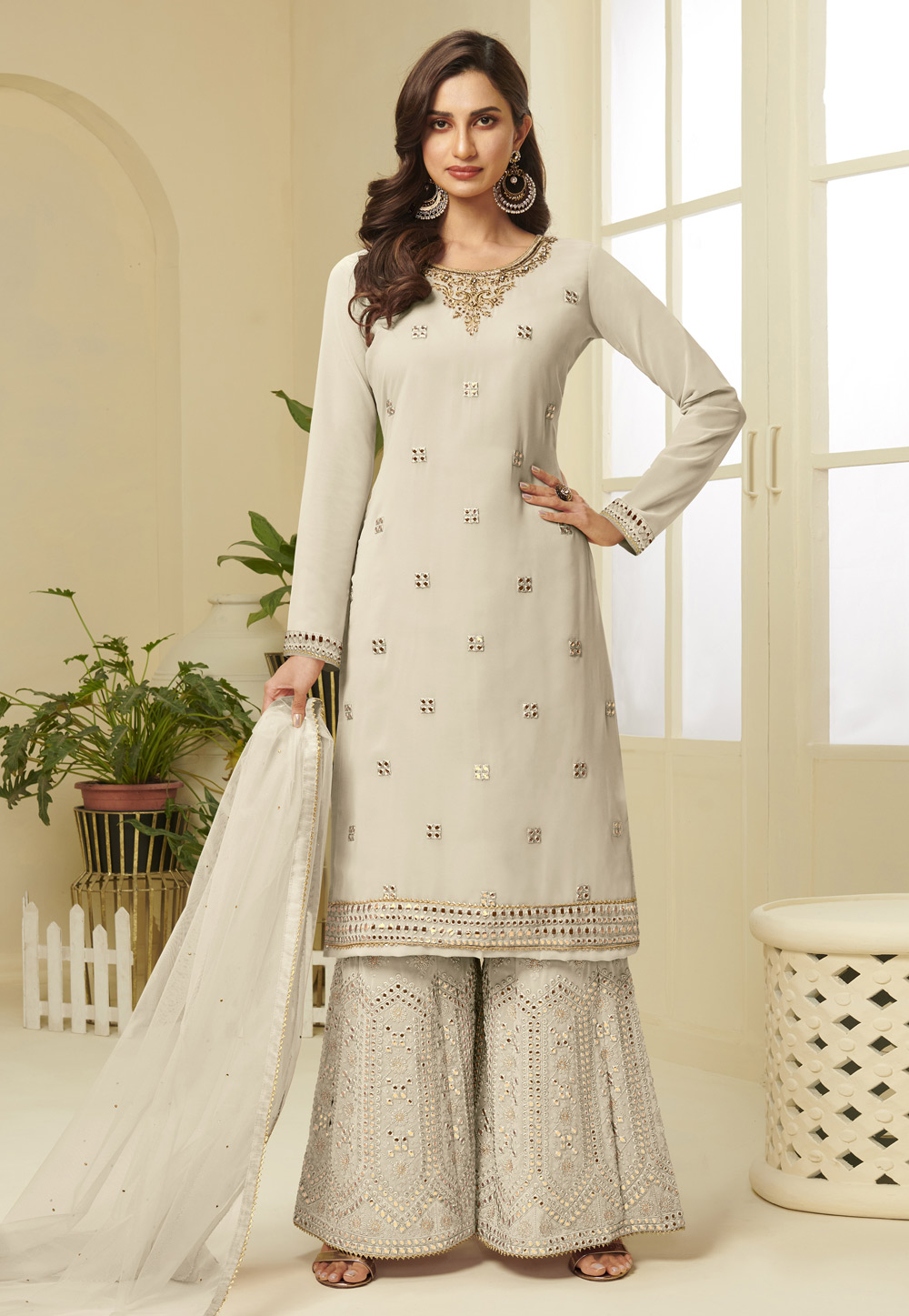 Off White Georgette Palazzo Suit 222152
