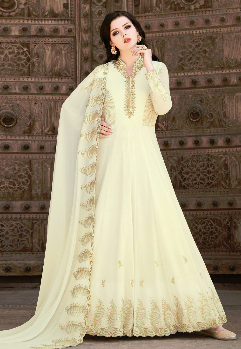 Cream Georgette Abaya Style Anarkali Suit 219653