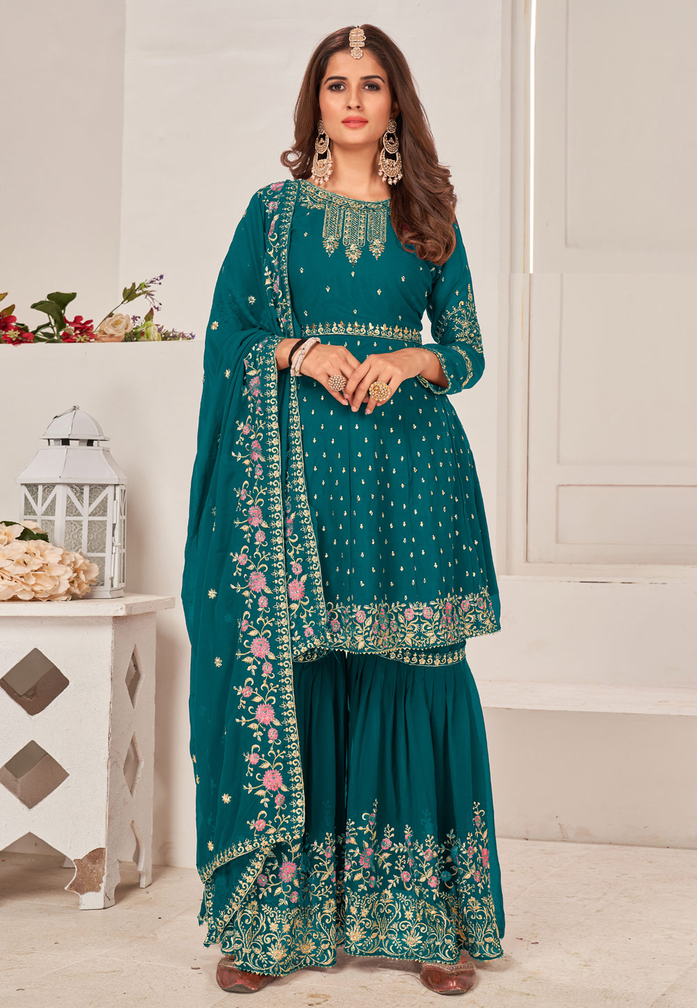 Teal Faux Georgette Sharara Suit 256064