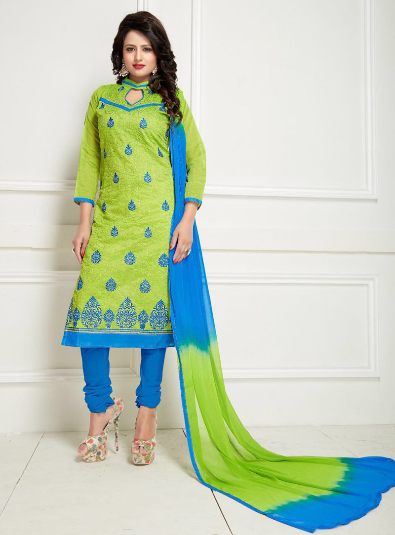 Green Chanderi Churidar Salwar Suit 84457