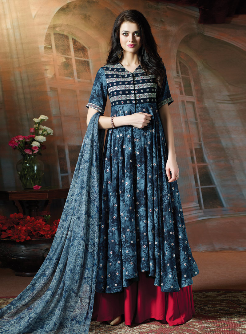 Navy Blue Cotton Palazzo Style Suit 121867