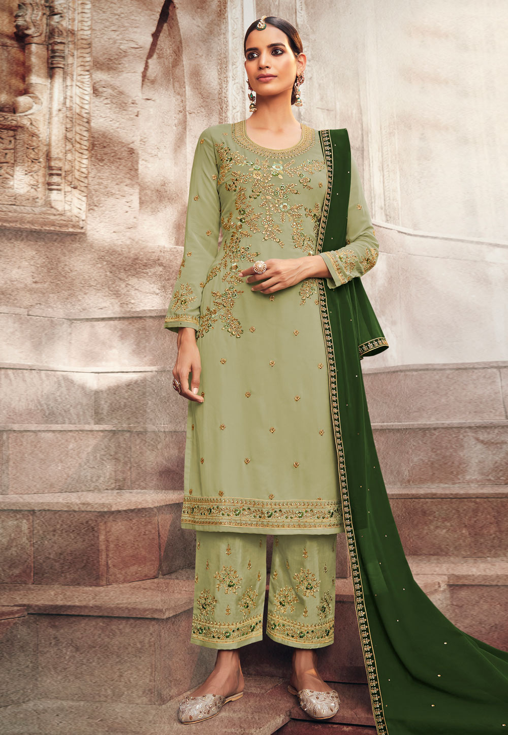 Light Green Georgette Palazzo Suit 231224