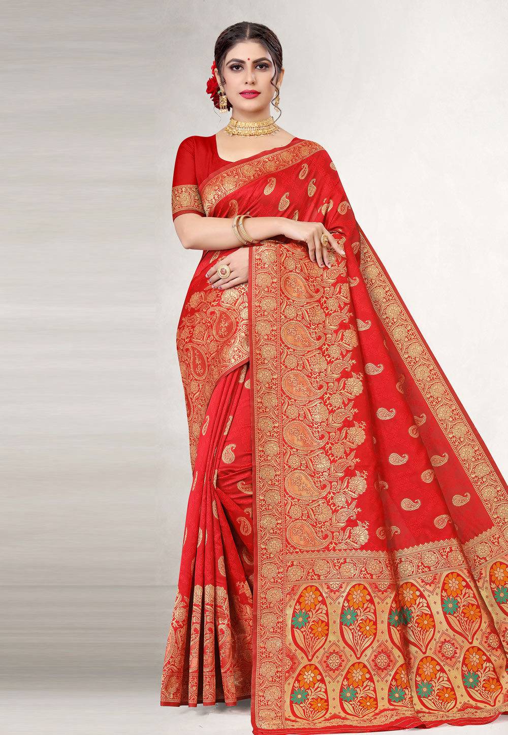 Red Jacquard Silk Saree With Blouse 228785