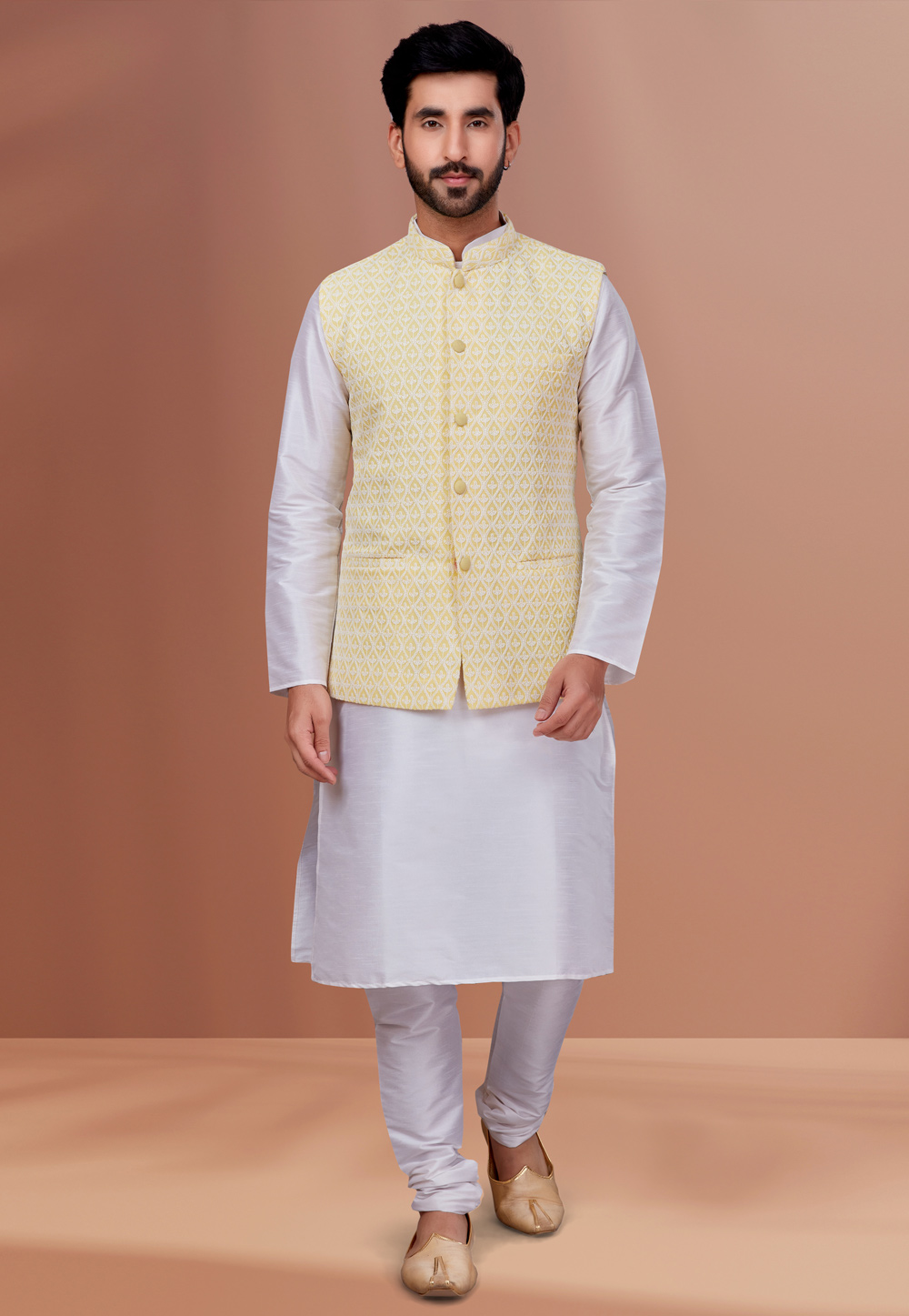 White Banarasi Kurta Pajama With Jacket 256877