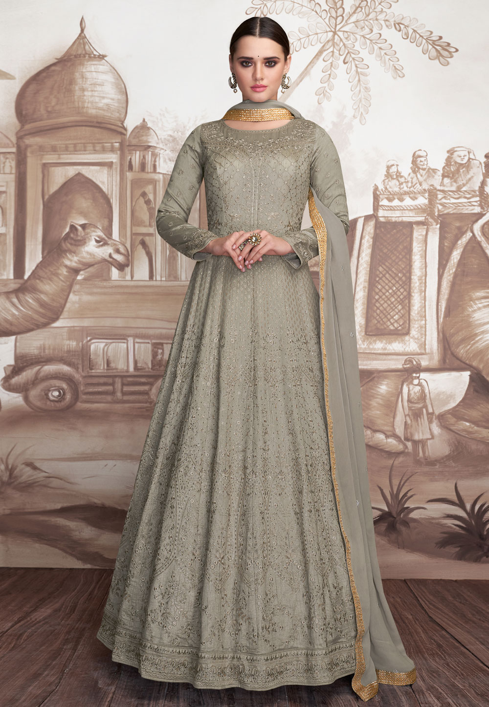 Grey Net Embroidered Abaya Style Anarkali Suit 201049