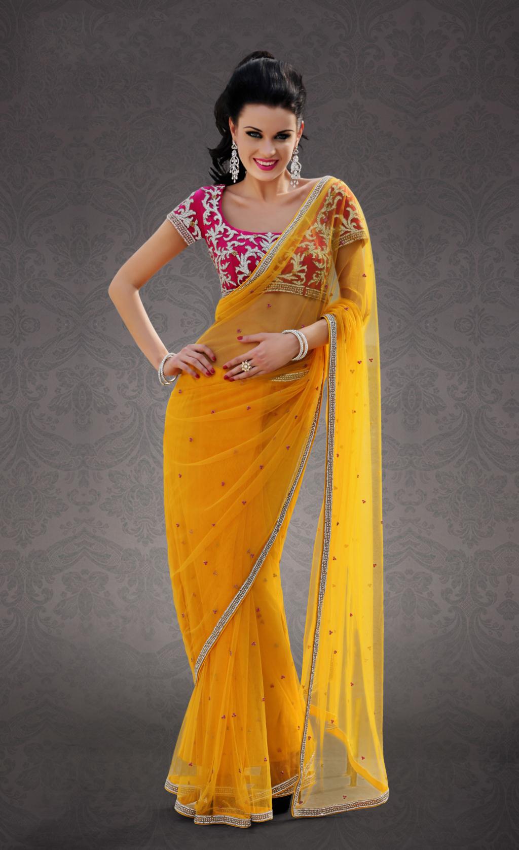 Yellow Indian Pakistani Wedding Party Net Designer Saree SRSA301710 –  ShreeFashionWear