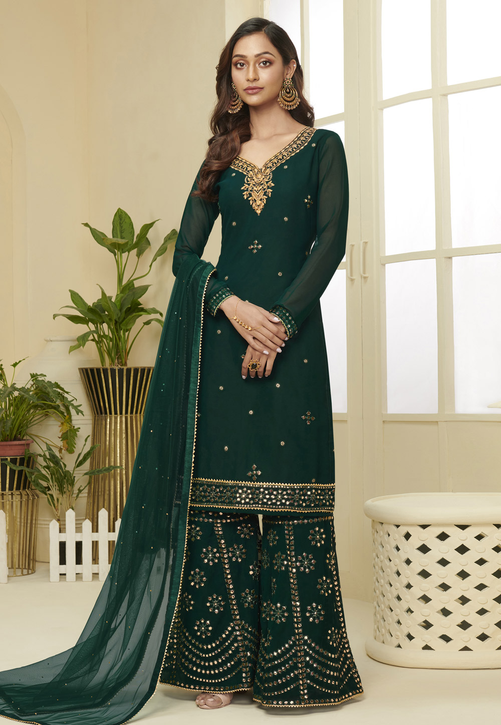 Green Georgette Palazzo Suit 222154