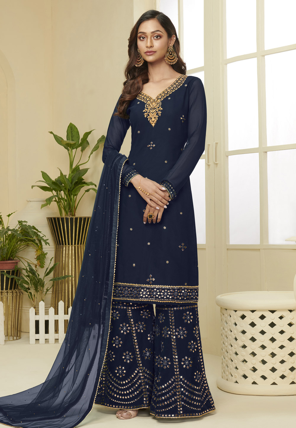 Navy Blue Georgette Palazzo Suit 222156