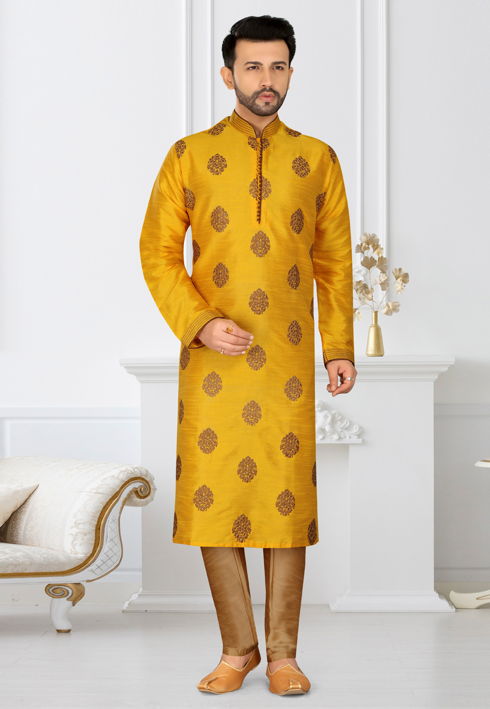 Yellow Banarasi Silk Kurta Pajama 233586