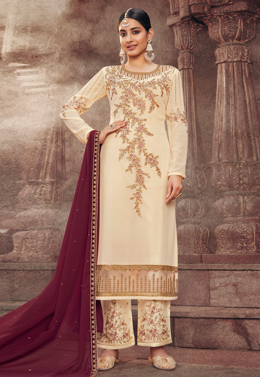 Cream Georgette Kameez With Palazzo 231225