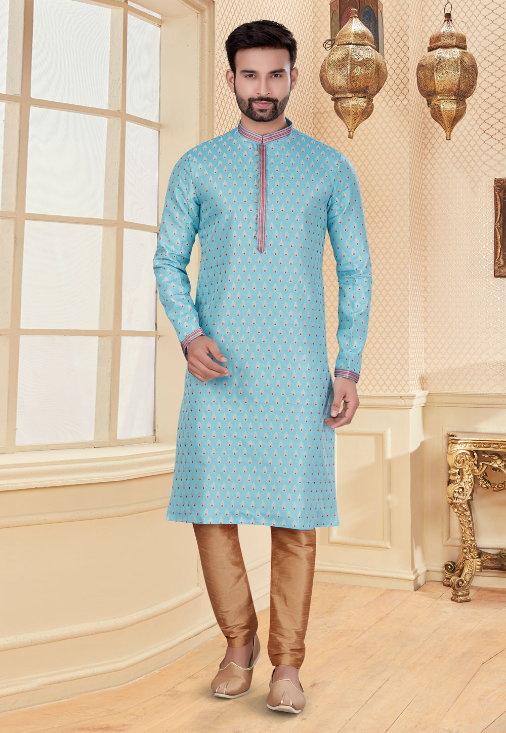 Sky Blue Jacquard Kurta Pajama 251181