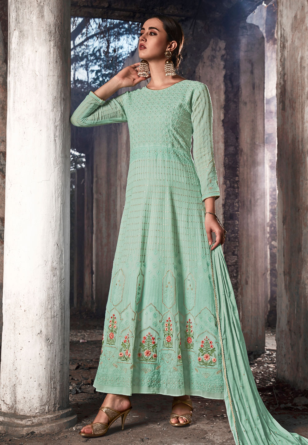 Light Green Georgette Abaya Style Anarkali Suit 208959