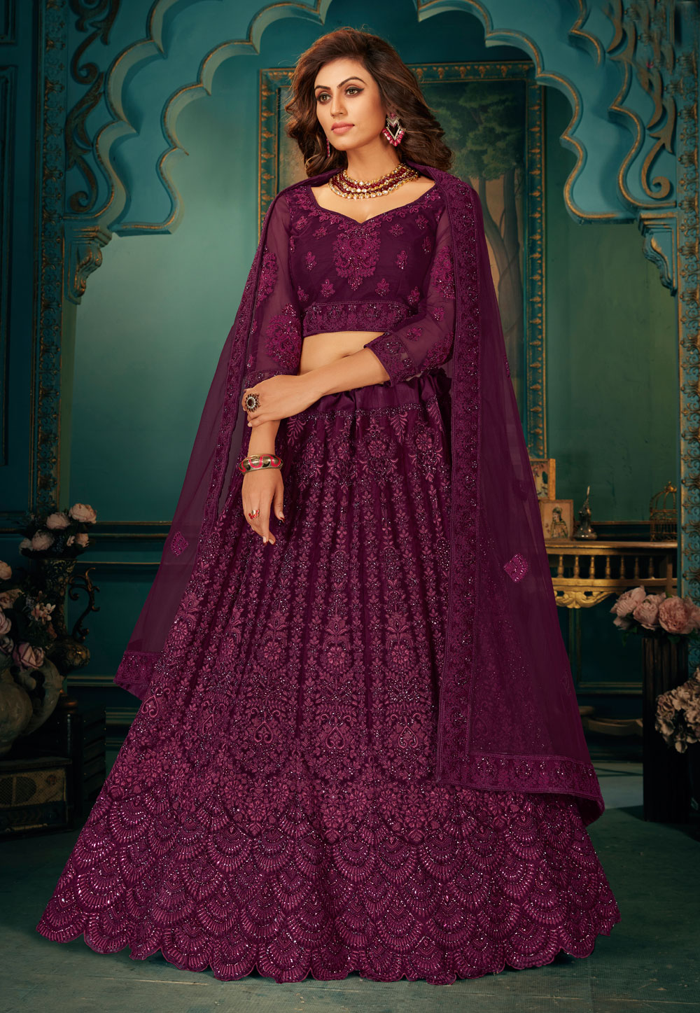 Purple Net Embroidered Lehenga Choli 220968