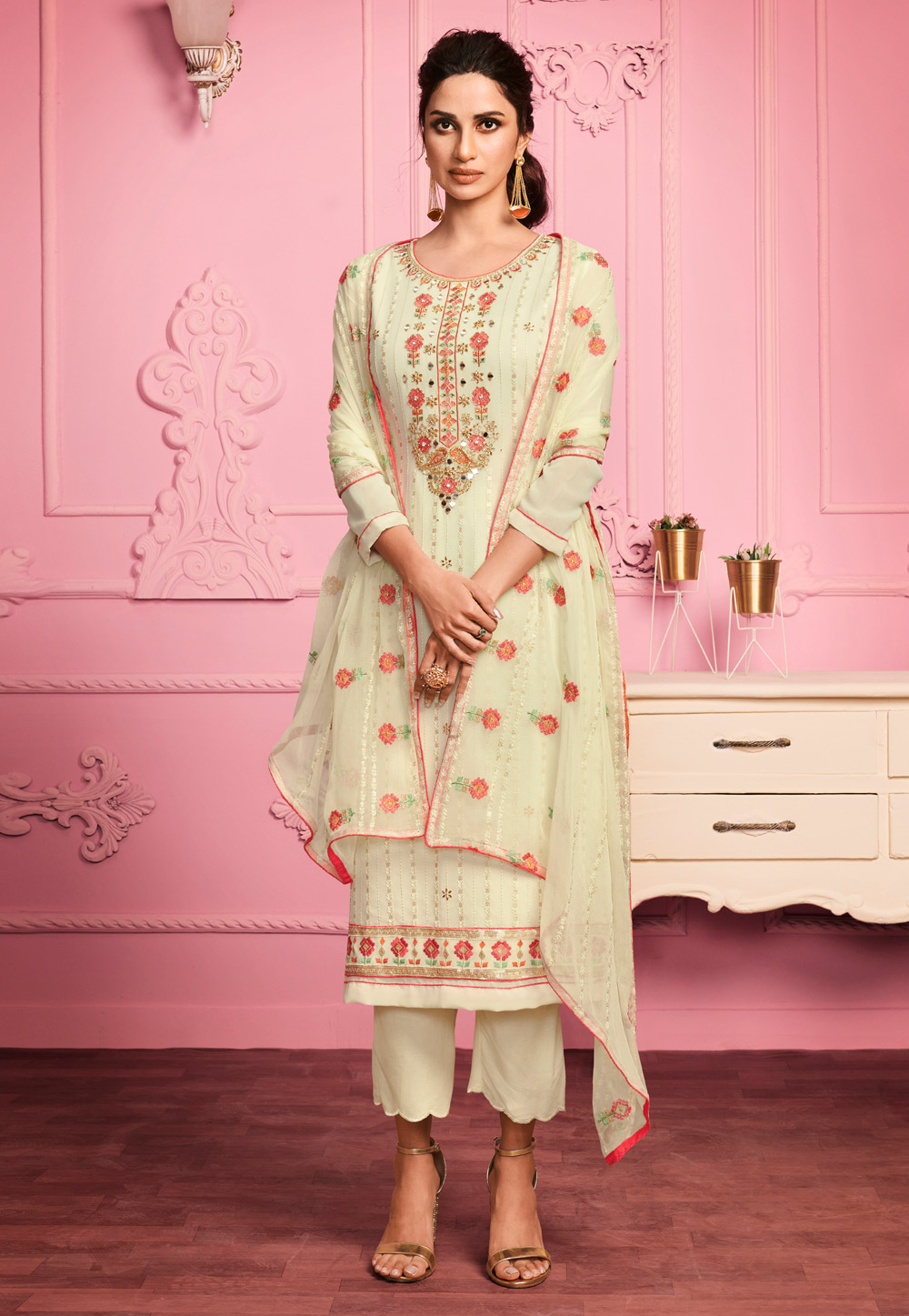 Cream Georgette Kameez With Palazzo 225958