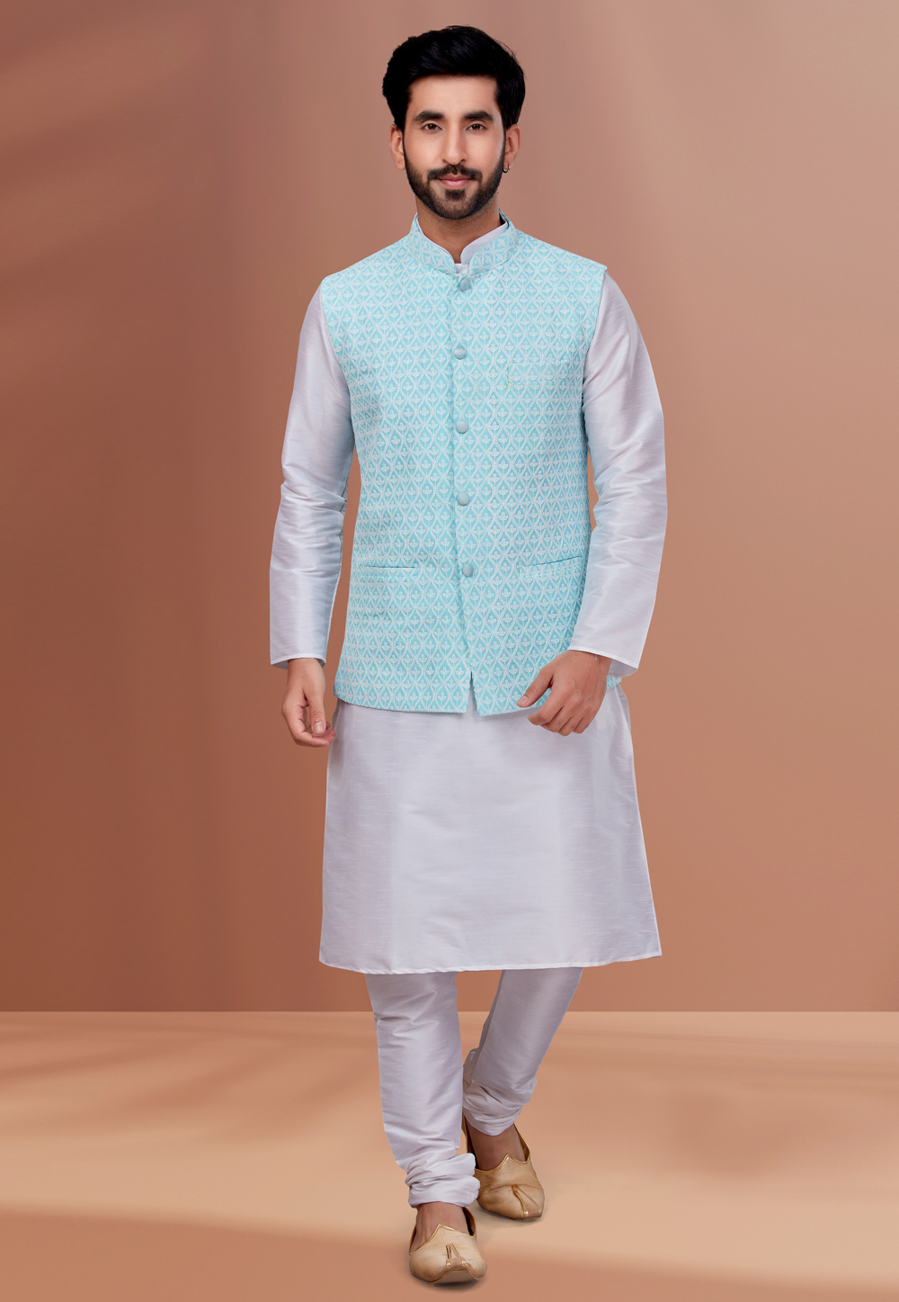 White Banarasi Kurta Pajama With Jacket 256880