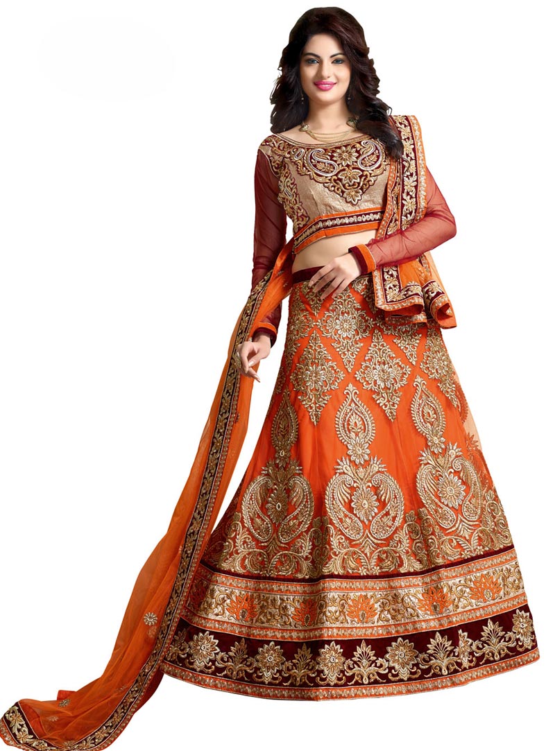 Orange Net Wedding Lehenga Choli 59601