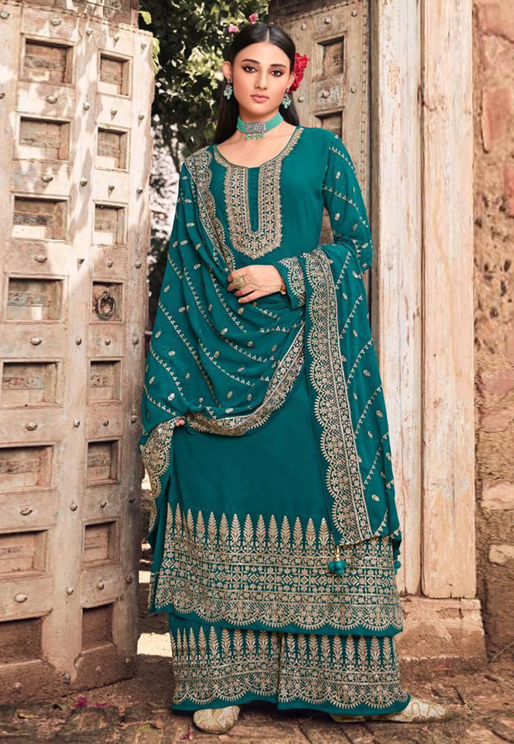 Teal Faux Georgette Embroidered Palazzo Suit 251621