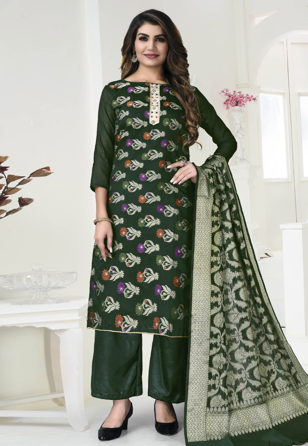 Green Banarasi Jacquard Pakistani Palazzo Suit 246874