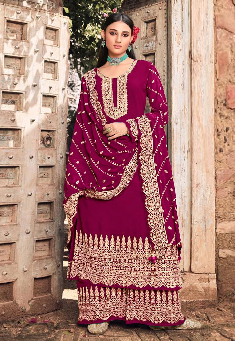 Magenta Faux Georgette Embroidered Palazzo Suit 251623