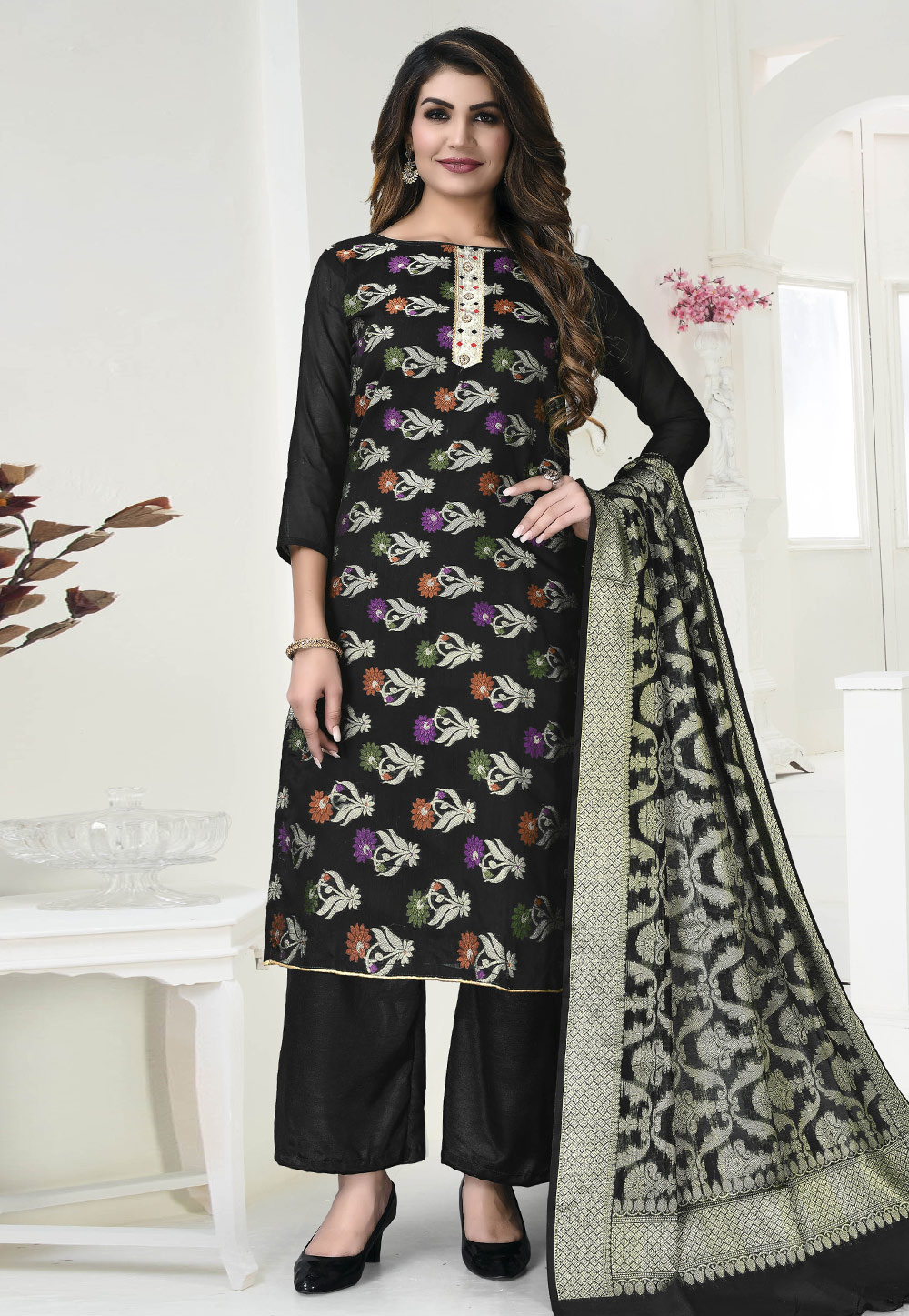 Black Banarasi Jacquard Pakistani Palazzo Suit 246877