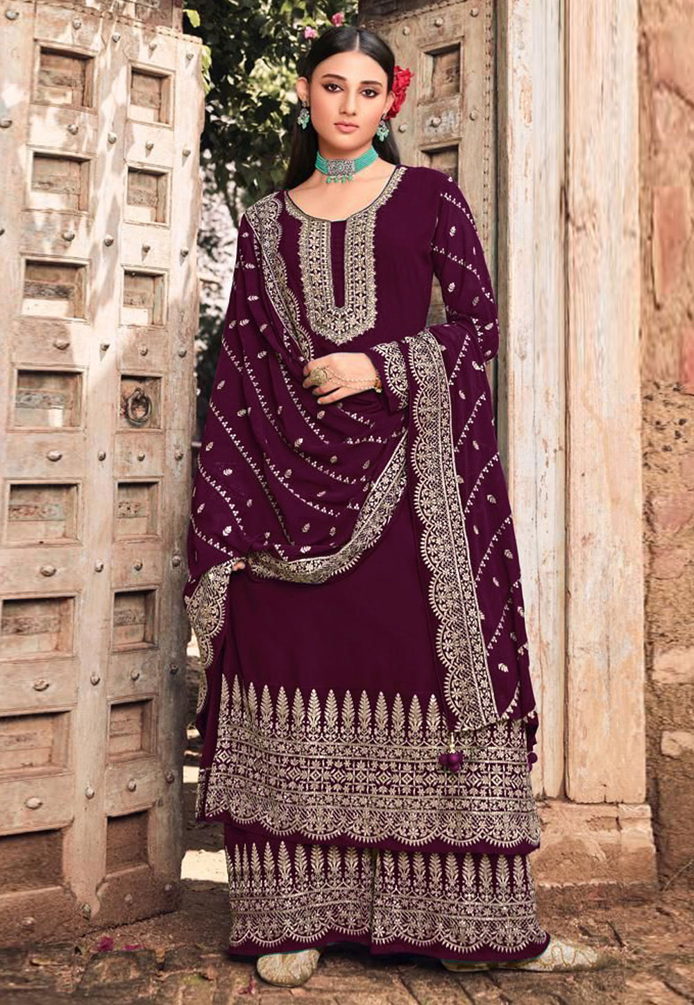Wine Faux Georgette Embroidered Palazzo Suit 251625
