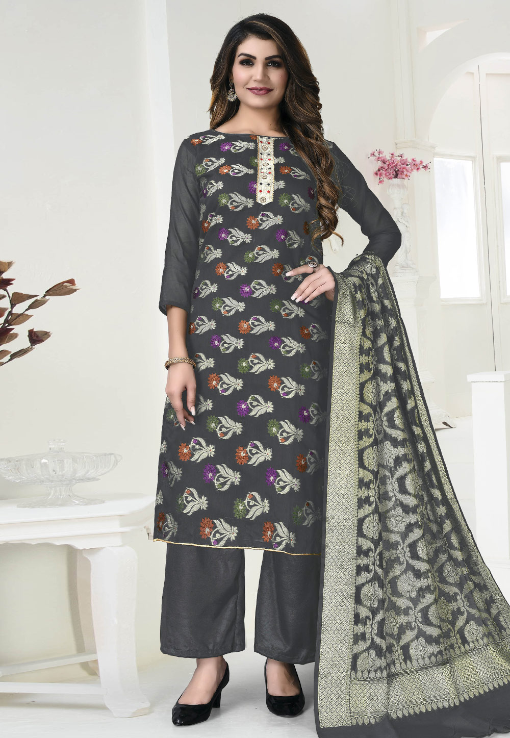 Grey Banarasi Jacquard Pakistani Palazzo Suit 246879