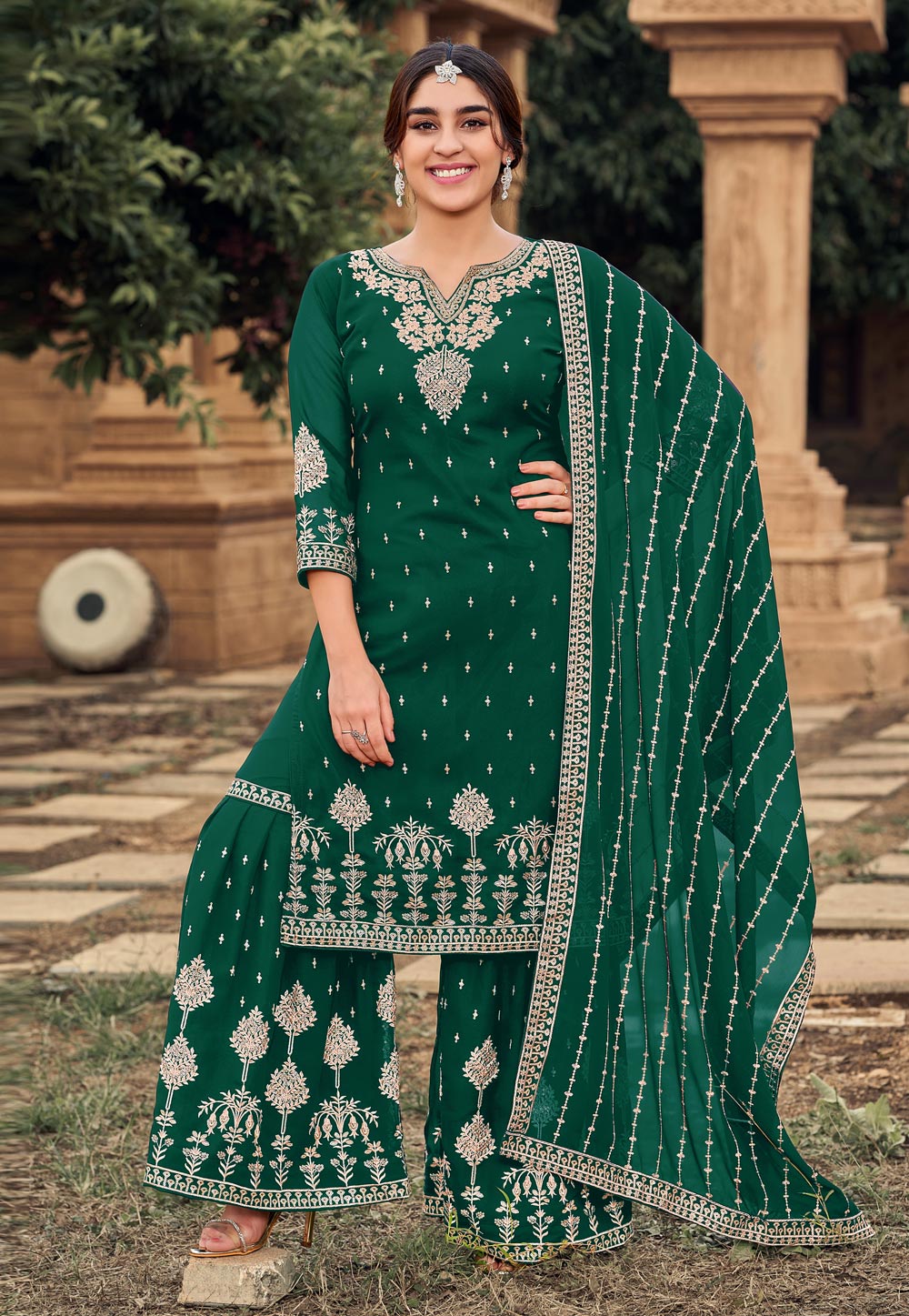 Green Faux Georgette Sharara Suit 241724
