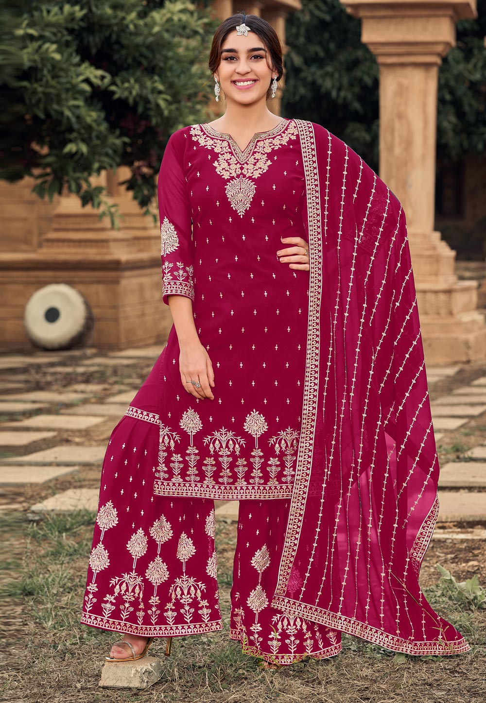Magenta Faux Georgette Sharara Suit 241726