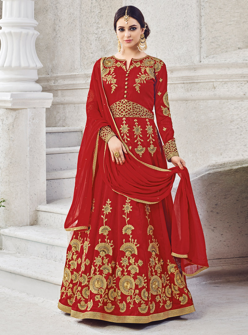 Red Silk Long Anarkali Suit 108028