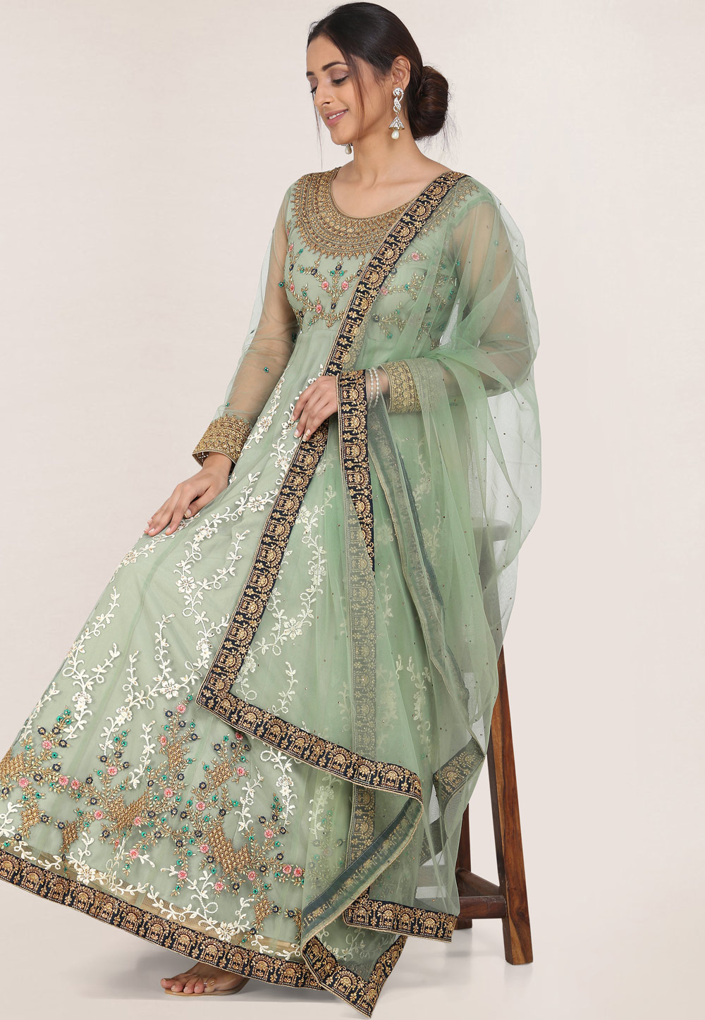 Light Green Net Embroidered Readymade Ankle Length Anarkali Suit 209274