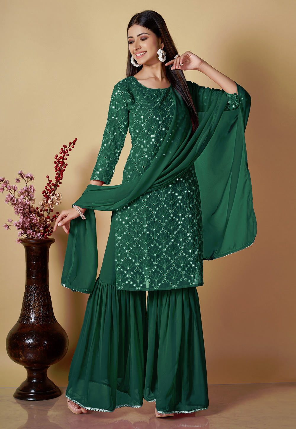 Green Georgette Readymade Sharara Suit 268849