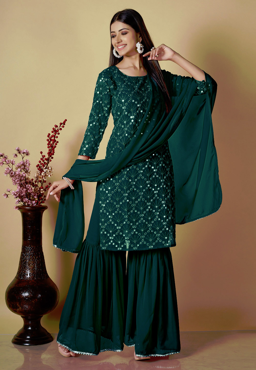 Teal Georgette Readymade Sharara Suit 268849