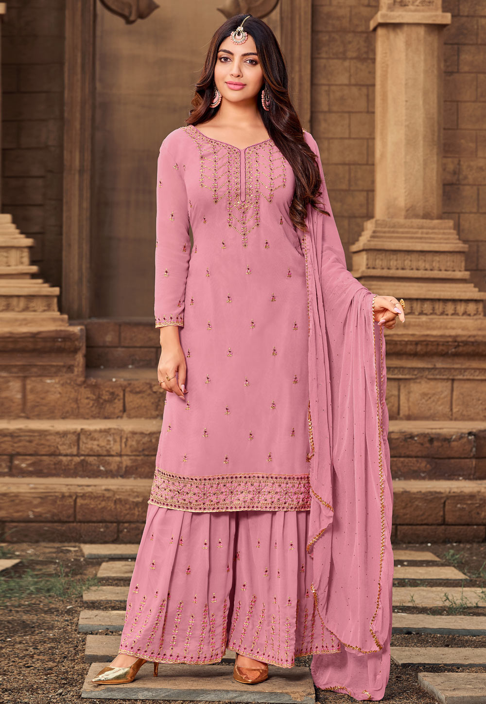Pink Faux Georgette Sharara Suit 239060