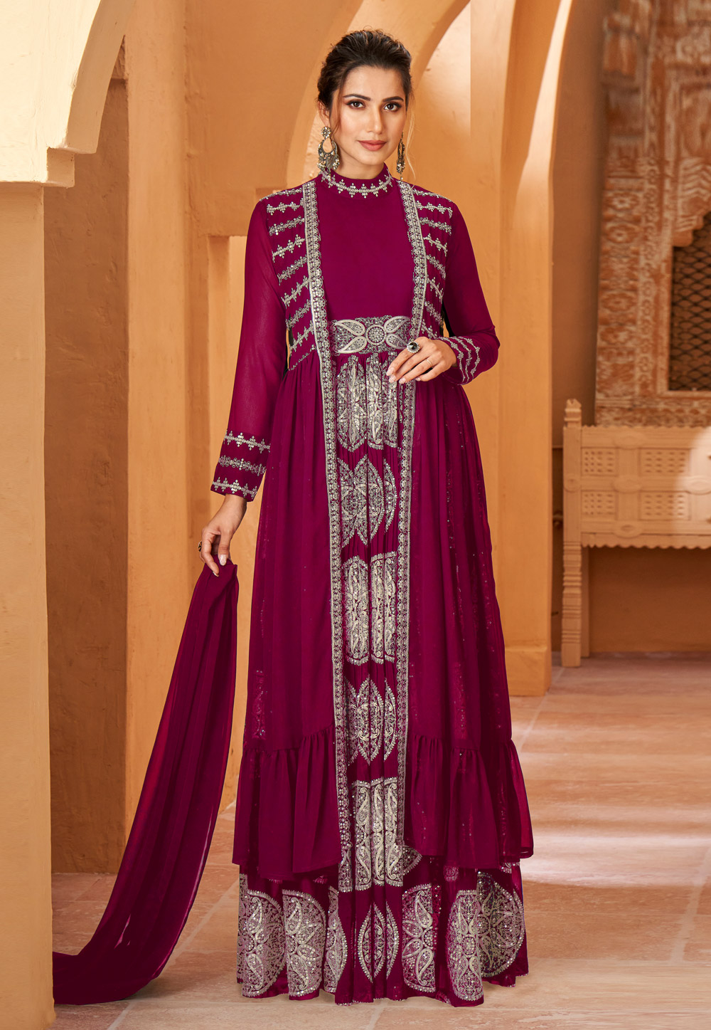 Magenta Georgette Readymade Jacket Style Suit 260310